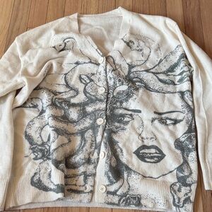Women's Graphic Cardigan Sweater - Cream and Gray